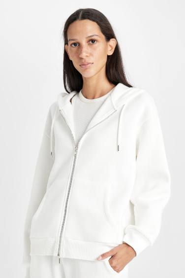 Relax Fit Hooded Basic Zippered Sweat Cardigan