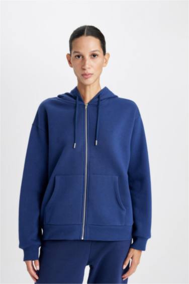 Relax Fit Kapüşonlu Cepli Basic Düz Fermuarlı Sweatshirt