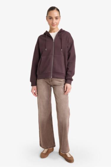 Relax Fit Hooded Basic Thick Sweatshirt Fabric Cardigan