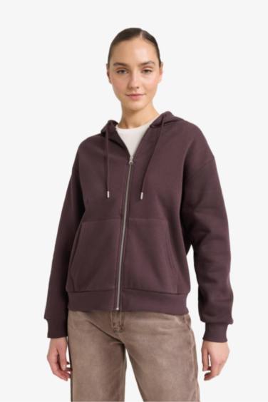 Relax Fit Hooded Basic Thick Sweatshirt Fabric Cardigan