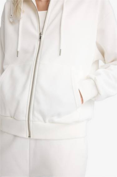 Relax Fit Hooded Basic Thick Zippered Sweatshirt