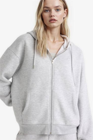 Relax Fit Hooded Basic Thick Sweatshirt Fabric Cardigan