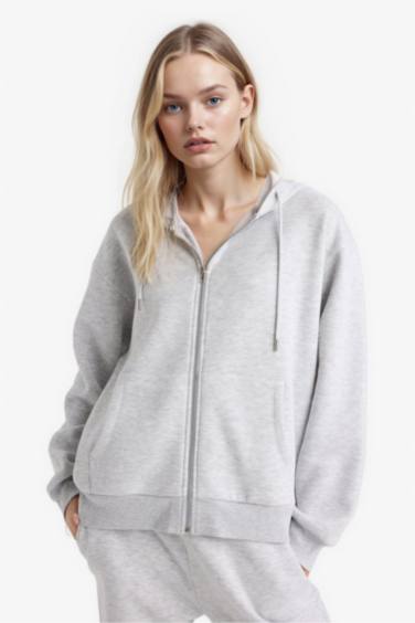 Relax Fit Hooded Basic Thick Sweatshirt Fabric Cardigan