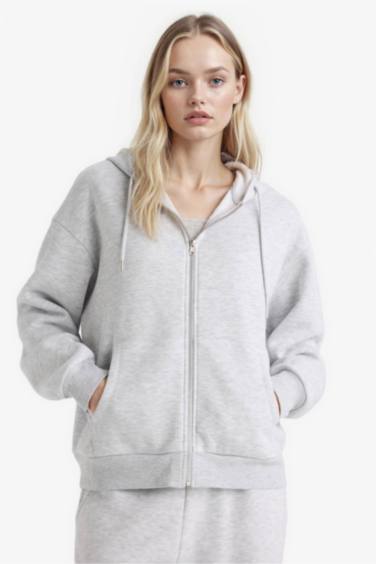 Relax Fit Hooded Basic Thick Sweatshirt Fabric Cardigan