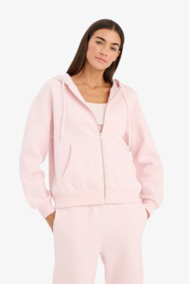 Relax Fit Hooded Basic Thick Zippered Sweatshirt