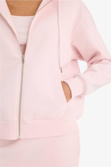 Relax Fit Hooded Basic Thick Zippered Sweatshirt