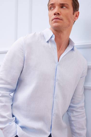 %100 Keten Regular Fit Polo Yaka Yazlık Basic Düz Uzun Kollu Gömlek