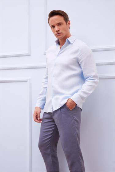 %100 Keten Regular Fit Polo Yaka Yazlık Basic Düz Uzun Kollu Gömlek