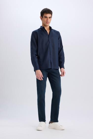 %100 Keten Regular Fit Polo Yaka Yazlık Basic Düz Uzun Kollu Gömlek