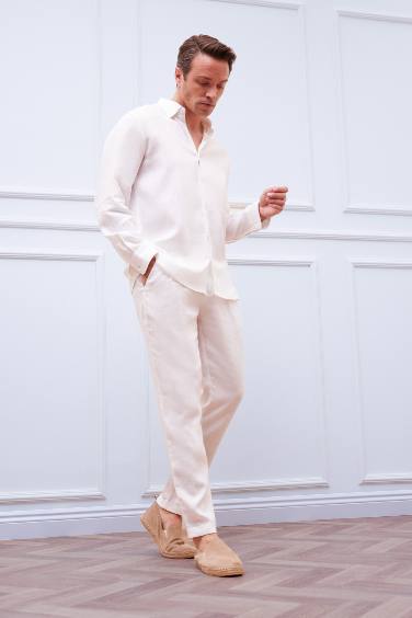 %100 Keten Regular Fit Polo Yaka Yazlık Basic Düz Uzun Kollu Beyaz Gömlek