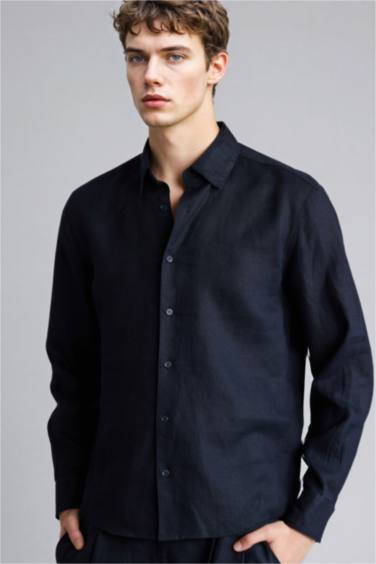 Chemise basique en lin à manches longues Coupe régulière