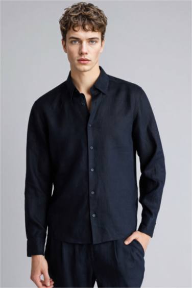 Chemise basique en lin à manches longues Coupe régulière