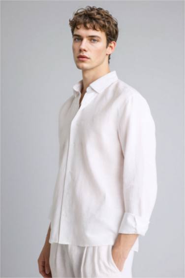 Chemise basique en lin à manches longues Coupe régulière