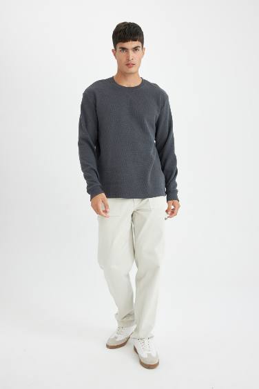 Regular Fit Bisiklet Yaka Waffle Uzun Kollu Tişört