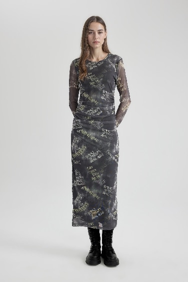 فستان طويل ردن طويل منقوش بوديكون