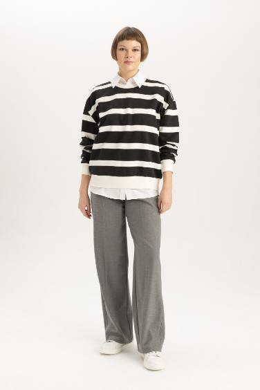 Relax Fit Bisiklet Yaka Çizgili Kalın Sweatshirt