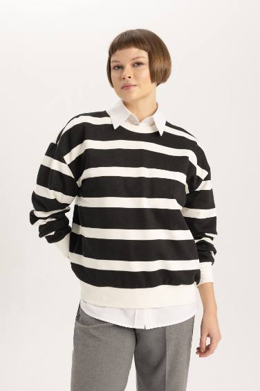 Relax Fit Bisiklet Yaka Çizgili Kalın Sweatshirt