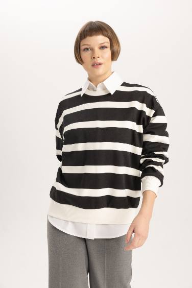 Relax Fit Bisiklet Yaka Çizgili Kalın Sweatshirt