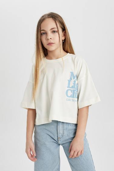 Girl Crew Neck Printed Crop Short Sleeve T-Shirt