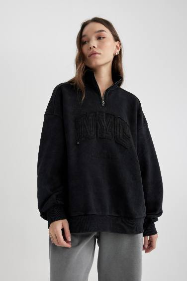 Oversize Yarım Fermuarlı Baskılı Soluk Yıkama Efektli Kalın Sweatshirt