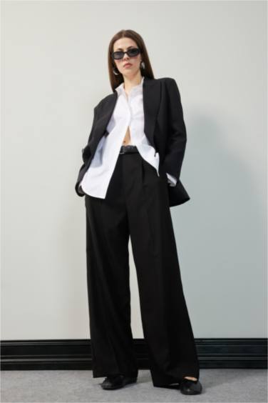 Wide Leg Pocketed High Waist Basic Classic Black Trousers