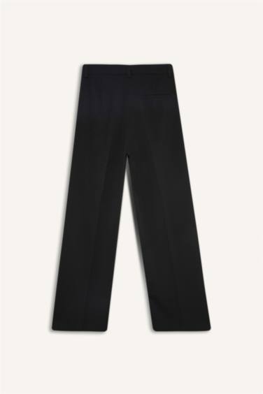 بنطلون قماش شتوي سادة برجل واسع بجيب وخصر عالي