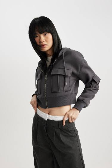 Loose Fit Hooded Thick Zippered Crop Sweatshirt