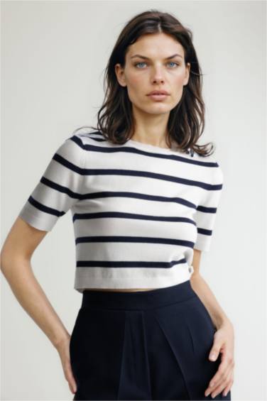 Fitted Bisiklet Yaka Çizgili Kısa Kollu Triko Tişört