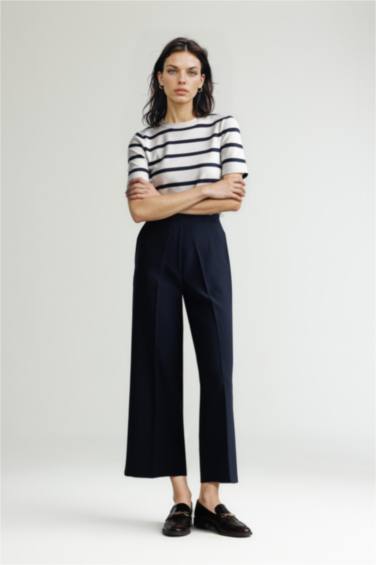 Fitted Bisiklet Yaka Çizgili Kısa Kollu Triko Tişört