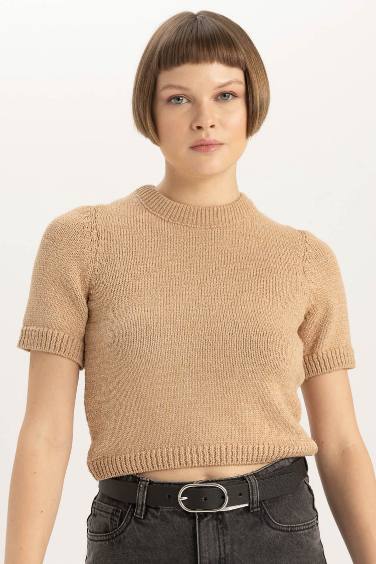 Fitted Crew Neck Short Sleeve Knitted Pullover