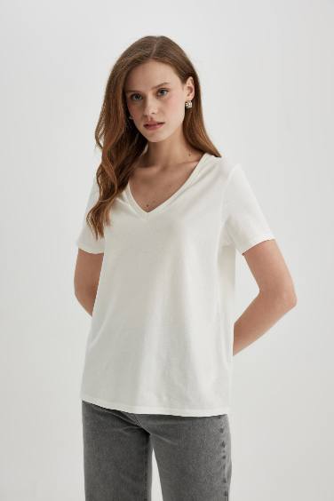 Regular Fit V Neck Cotton Short Sleeve T-Shirt