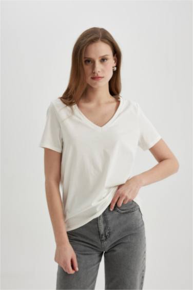 Regular Fit V Neck Cotton Short Sleeve T-Shirt