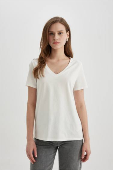 Regular Fit V Neck Cotton Short Sleeve T-Shirt