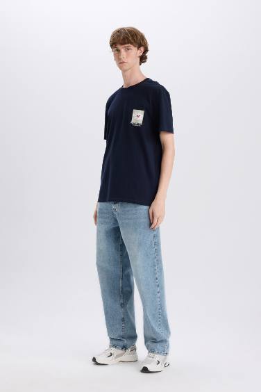 تيشيرت قطن نص كم قصة عادية مطبوع برقبة مستديرة