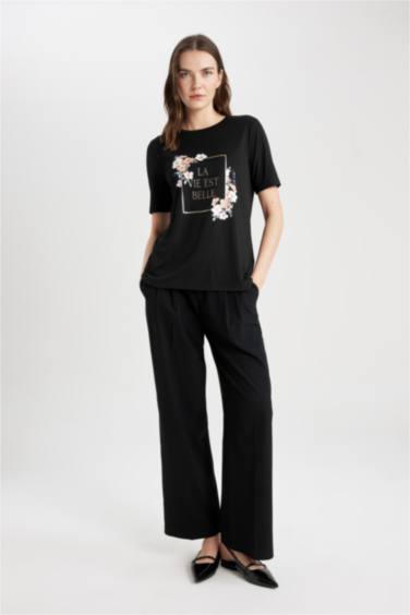 Regular Fit Crew Neck Flower Short Sleeve T-Shirt