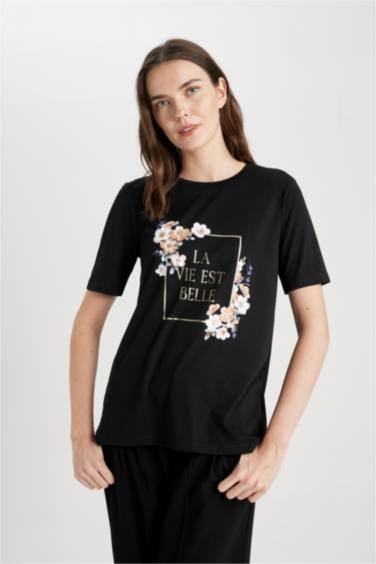 Regular Fit Crew Neck Flower Short Sleeve T-Shirt