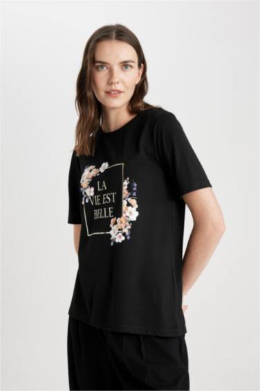 Regular Fit Crew Neck Flower Short Sleeve T-Shirt