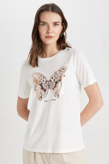 Regular Fit Crew Neck Butterfly Patterned Short Sleeve T-Shirt