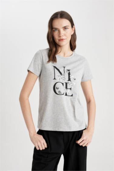 T-Shirt coupe régulière à Manches Courtes à Col Rond et Motif Papillon