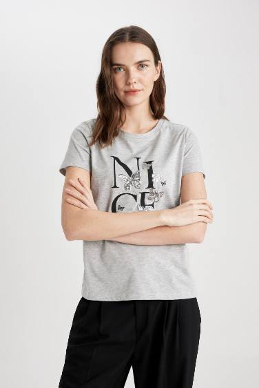 T-Shirt coupe régulière à Manches Courtes à Col Rond et Motif Papillon