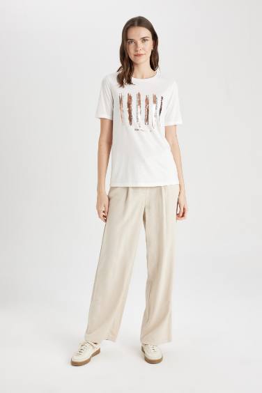 Regular Fit Bisiklet Yaka Baskılı Kısa Kollu Tişört