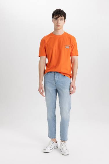 تيشيرت نص ردن مطبوع بياخة مستديرة وقصة عادية