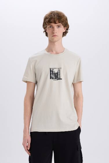 T-shirt slim en coton imprimé à col rond et manches courtes