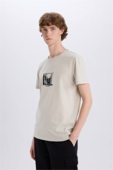 T-shirt slim en coton imprimé à col rond et manches courtes
