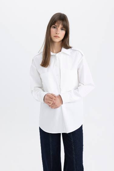 قميص طويل ردن طويل بوبلين قصة مريحة