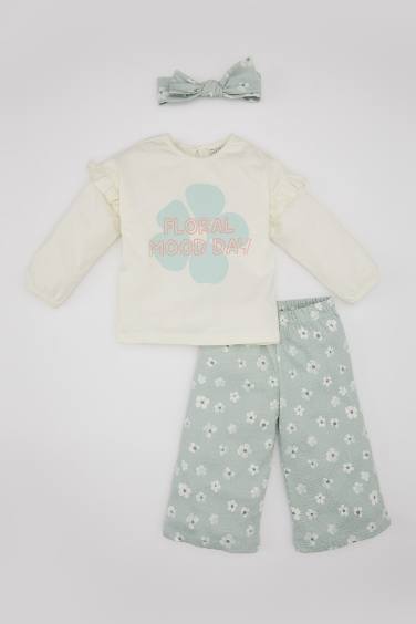 T-shirt à manches longues avec motif floral, pantalon et bandeau pour Bébé fille