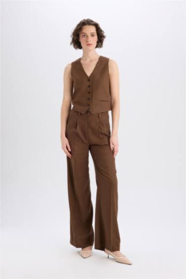 Широкие брюки из смесового льна с высокой посадкой и карманами