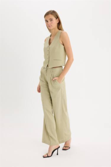 Широкие брюки из смесового льна с высокой посадкой и карманами