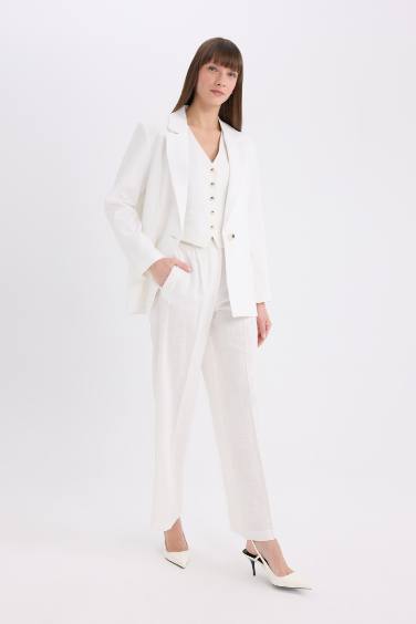 سروال طويل واسع من كتان بخصر عالي و جيوب