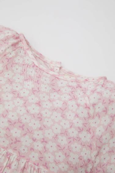 Baby Girl Floral Short Sleeve Crinkle Fabric Dress